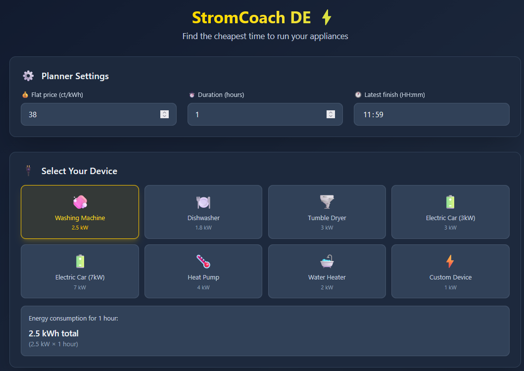 StromCoach cheapest-window recommendation