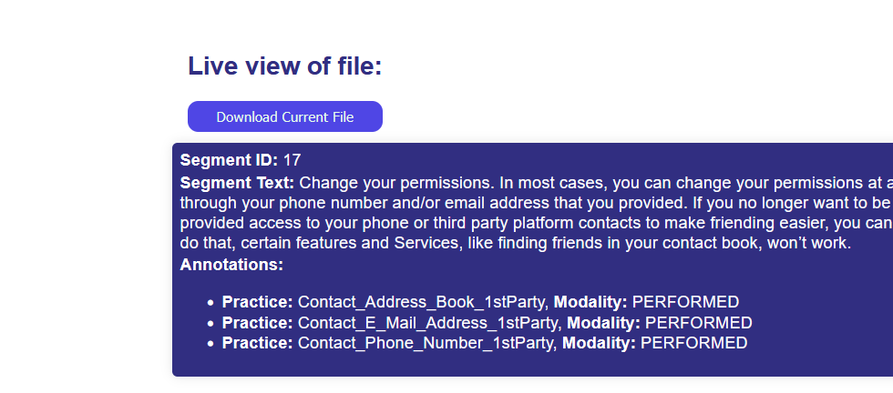 Dataset export view