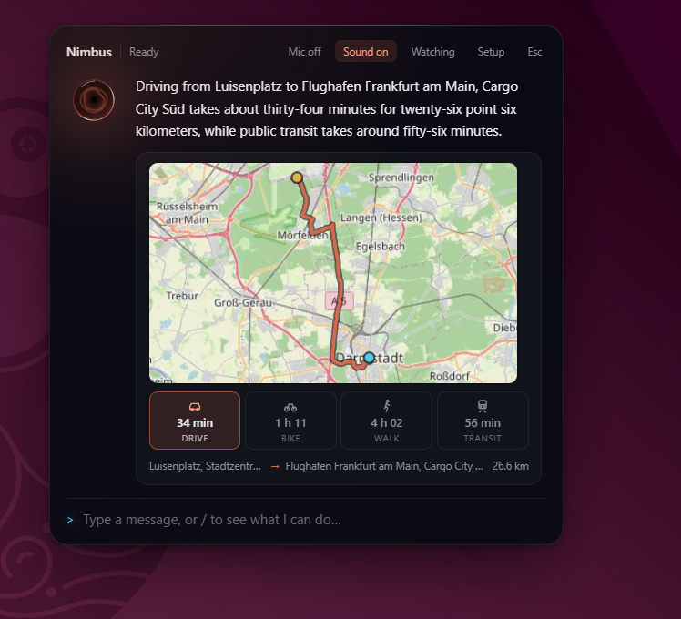 Nimbus overlay answering a route question with a map and travel times