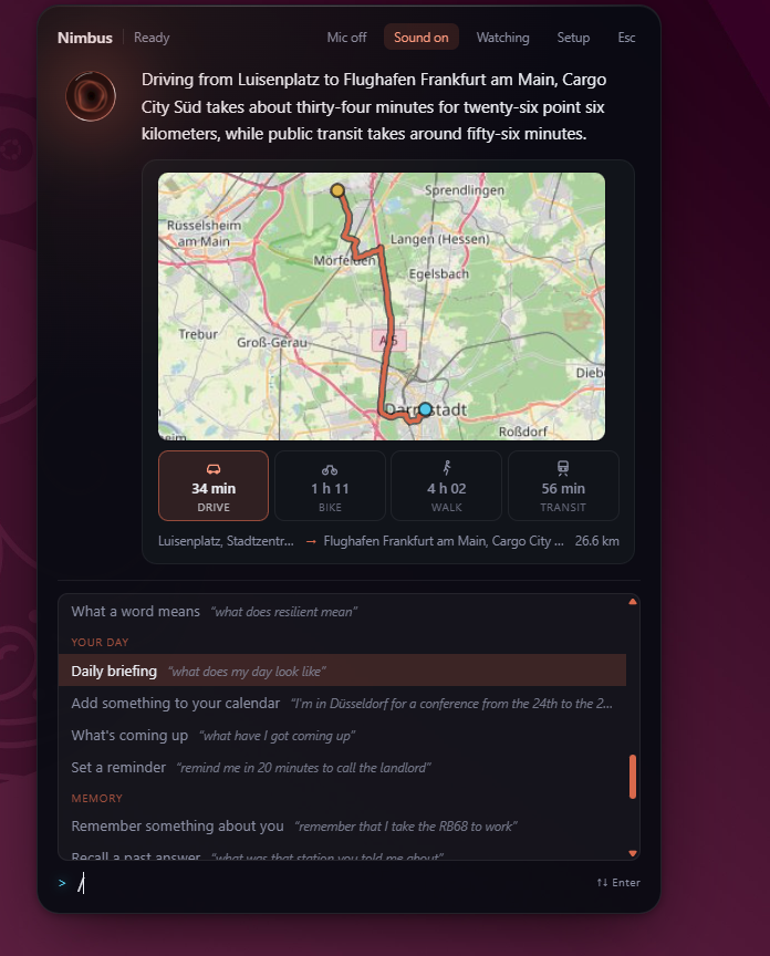 Slash-command surface listing daily briefing, calendar and reminder commands