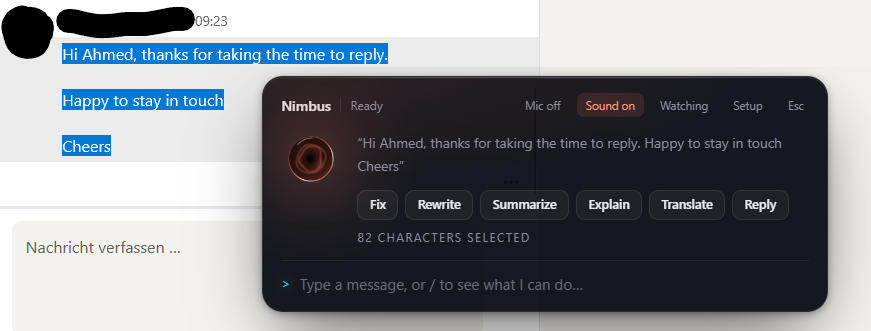 Text actions toolbar over selected text: Fix, Rewrite, Summarize, Explain, Translate, Reply